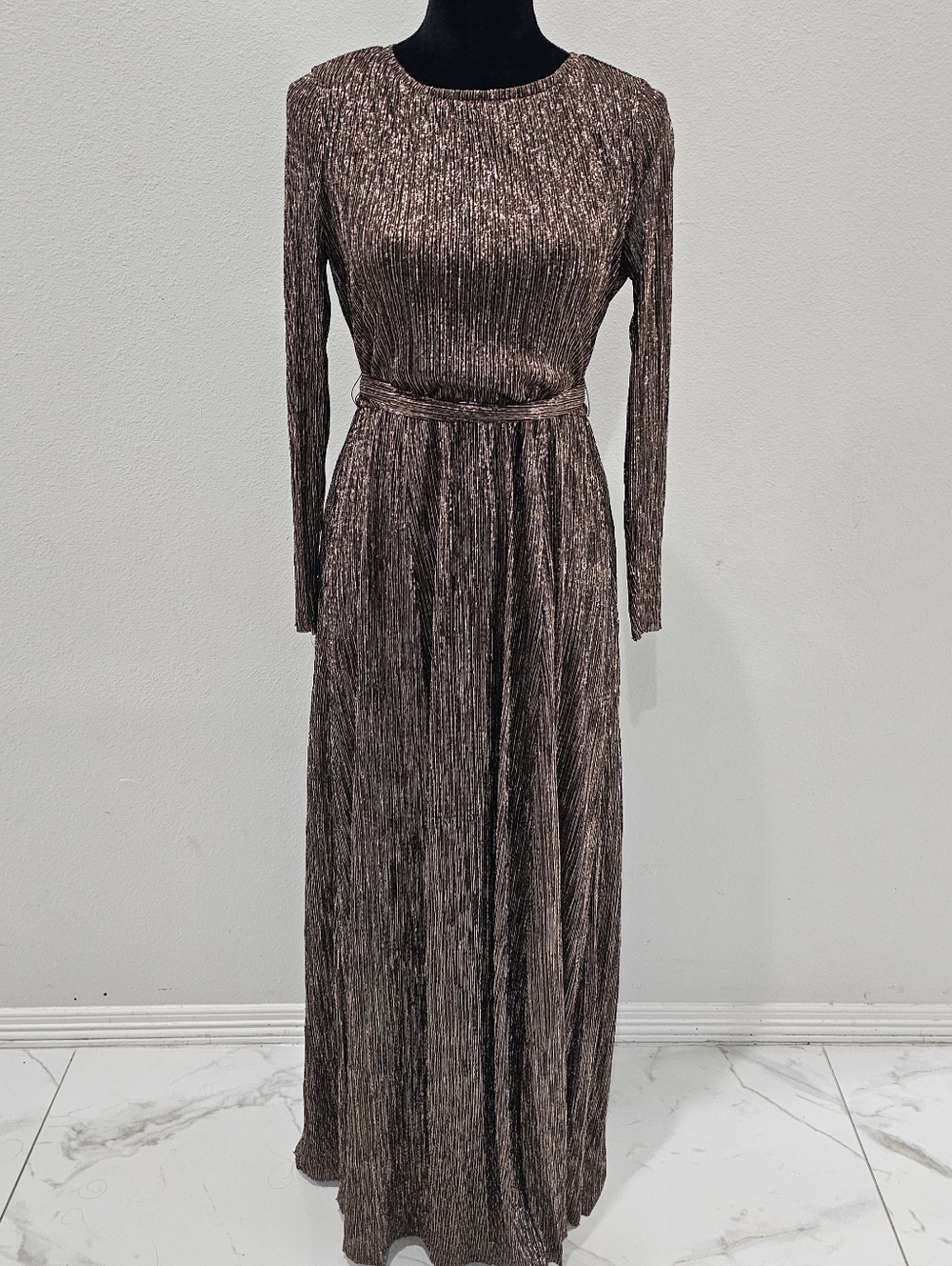 Anne Klein Metallic Brown Long Sleeve Maxi Dress